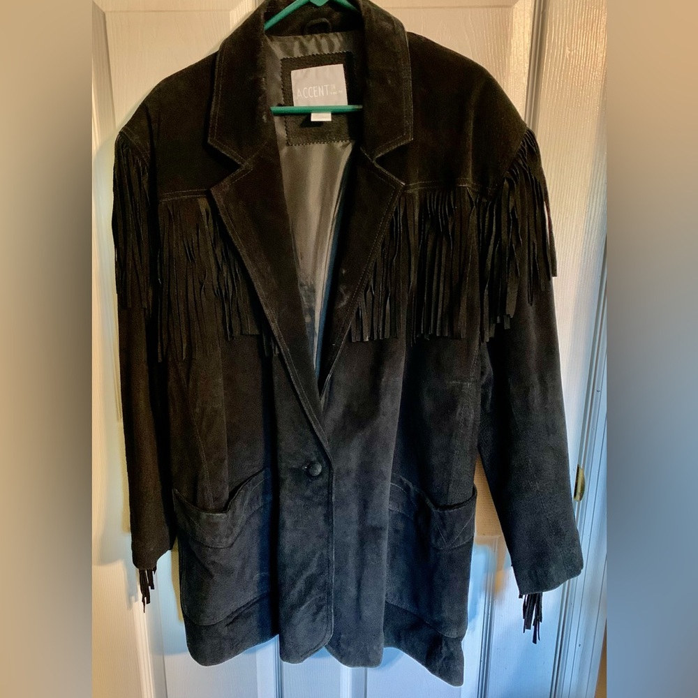 NEW LOWER PRICE! Black Suede Leather Fringed Plus Size Woman's Jacket-NEVER WORN